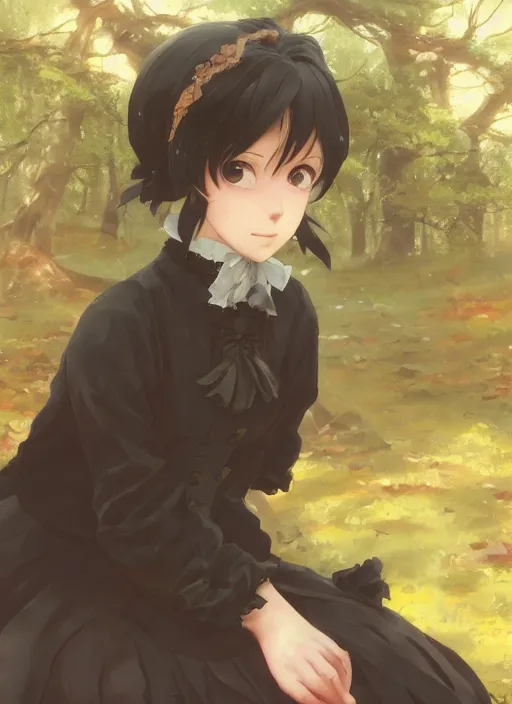 Image similar to a close up of a victorian maid with black bob hairstyle sitting in a forest. cute anime eyes. by makoto shinkai, stanley artgerm lau, wlop, rossdraws, james jean, andrei riabovitchev, marc simonetti, krenz cushart, sakimichan, trending on artstation, digital art.