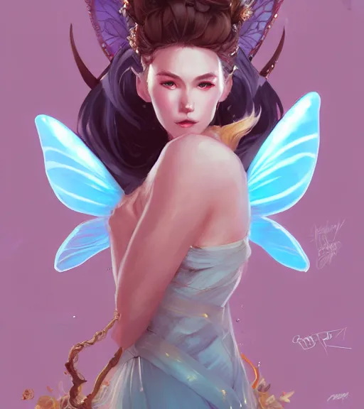 Prompt: portrait of a beautiful female fairy queen in complex and shiny dress by ross tran and artgrem, by greg rutkowski, by greg tocchini, by james gilleard, by joe fenton, by kaethe butcher, dynamic lighting, gradient light blue, brown, blonde cream and white color scheme, grunge aesthetic