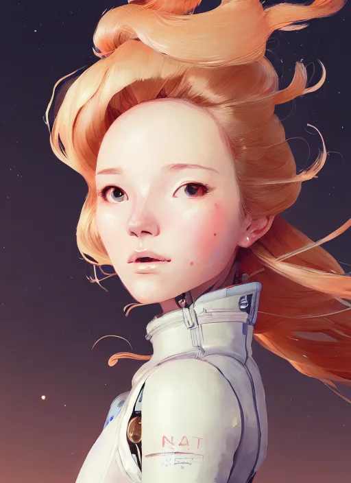 Prompt: highly detailed portrait of a hopeful pretty astronaut lady with a wavy blonde hair, by Greg Tocchini, by Akihiko Yoshida, by Greg Rutkowski, by Dustin Nguyen, by Ilya Repin, by Kate Olseka, by Cliff Chiang, 4k resolution, nier:automata inspired, bravely default inspired, vibrant but dreary but upflifting red, black and white color scheme!!! ((Space nebula background))