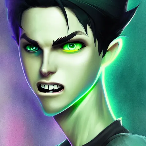 Prompt: a digital matte intricate face illustration concept art of young danny phantom with glowing green eyes cute fangs alt art fashion inspired art by charlie bowater and wlop and mark arian and ross tran + neon colors, symmetry, intricate complexity, epic composition, magical atmosphere, highly detailed, cinematic lighting + masterpiece, trending on artstation + 8 k