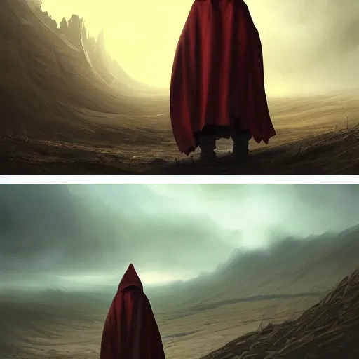 Prompt: concept art of a small hooded figure standing in a barren field looking at a colossal beast, by Andreas Rocha + Ted Nasmith, dark, epic, masterpiece, highly detailed, 8k resolution, trending on art station