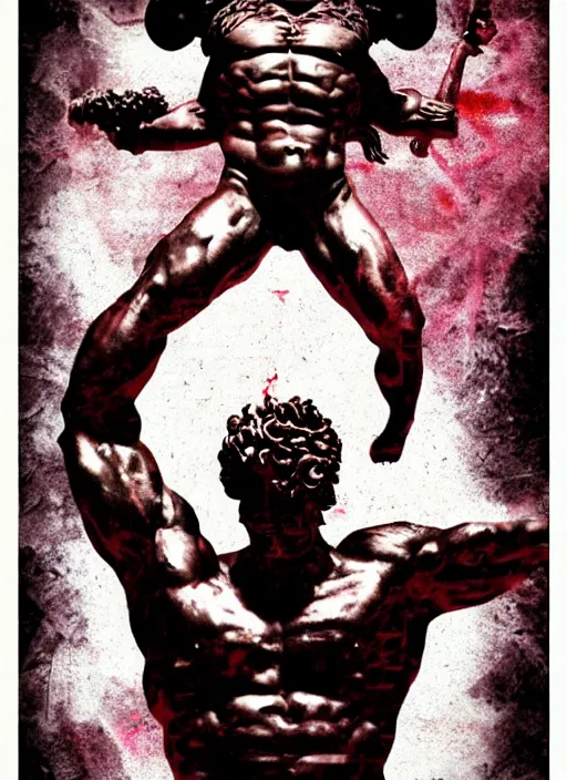 Image similar to dark design poster showing a statue of hercules, black background with very subtle red and purple design elements, subtle white lines, powerful, nekro, guido crepax, graphic design, collage art, dark, glitch art, neo vaporwave, gritty, layout frame, square, trending on artstation