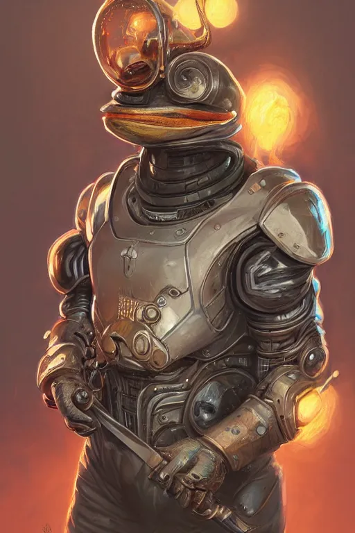 Image similar to Portrait of pepe with a spoon wearing futuristic power armor, fantasy, intricate, highly detailed, digital painting, trending on artstation, sharp focus, illustration, style of Stanley Artgerm and Greg Rutkowski and Dan Mumford