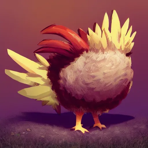 Image similar to A pokemon that looks like a rooster, The coconut shell wrapped around him,The rooster hides inside and sticks his head out to peek，Trending on art station. Unreal engine.