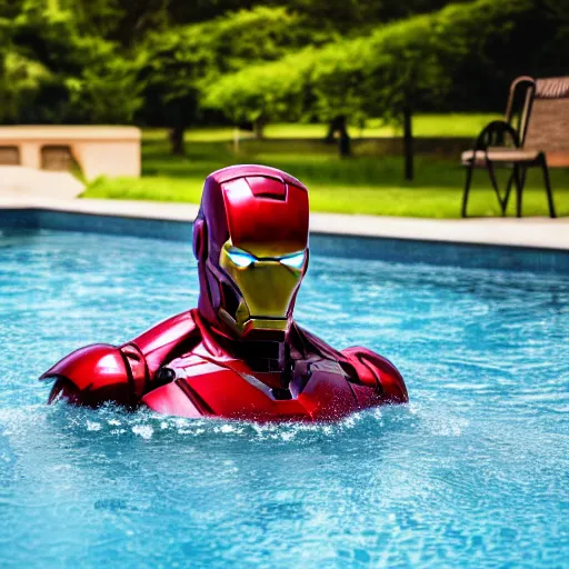 Image similar to iron man suit floating in pool, 4k realistic photo