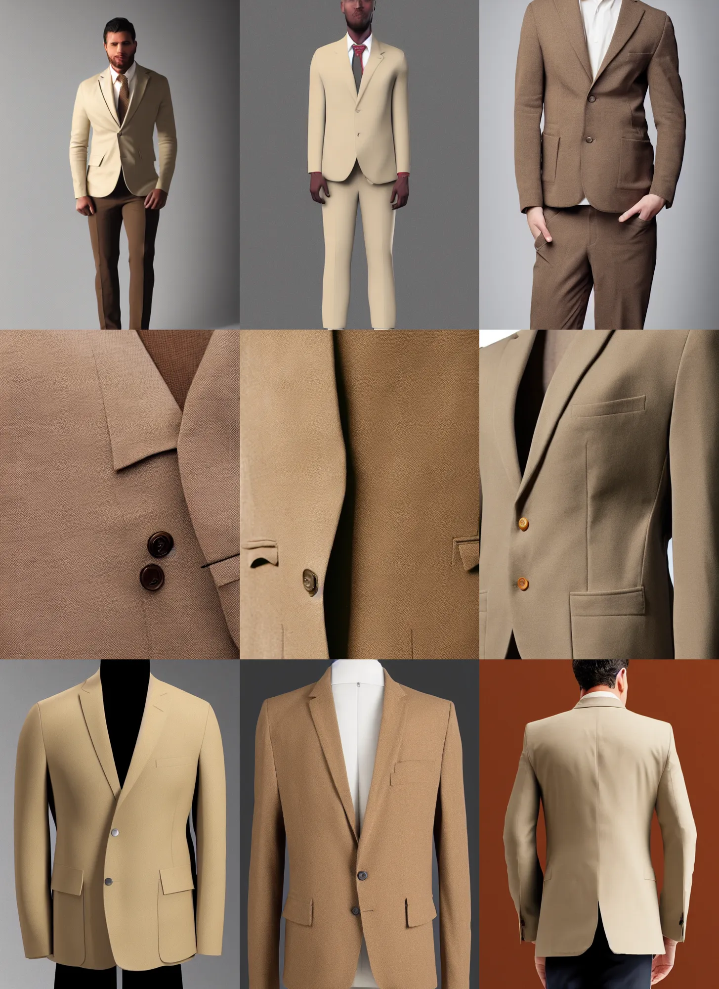 Prompt: a realistic photograph of a single blazer, with two front pockets, with one buttton, beige color scheme, 8 k