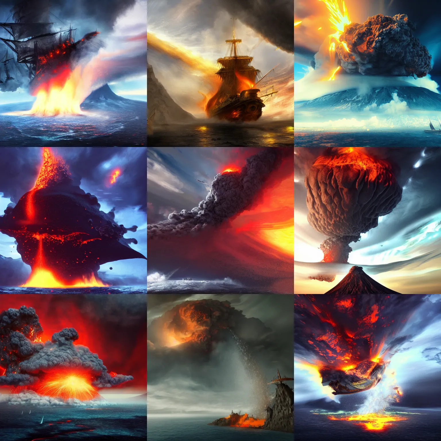 Prompt: a galleon flying over erupting volcanos, in a cataclysm, huge storm, dramatic lighting, epic, hd, fantasy, artstation