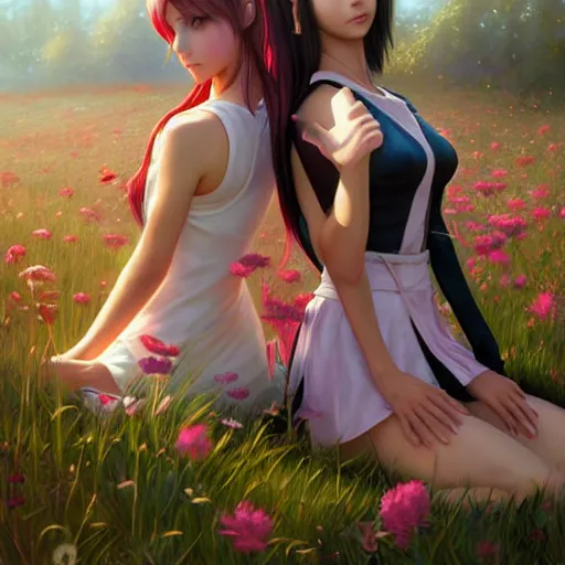 Prompt: aerith and yuffie from final fantasy 7 remake by tom bagshaw, sitting in a flower field by ilya kuvshinov, rtx reflections, maya, extreme high intricate hyperrealistic details by wlop, digital art by ross tran, medium shot, composition by sana takeda, dramatic lighting by greg rutkowski