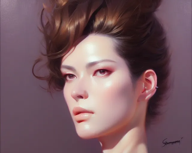 Image similar to a ultradetailed beautiful portrait panting of a stylish woman, oil painting, by hajime sorayama, greg rutkowski and makoto shinkai, trending on artstation