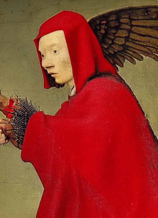 Image similar to profile of a fallen angel dressed in red with wings by Jan van Eyck, Hieronymus Bosch, Johannes Vermeer 4k post-processing, highly detailed medieval painting