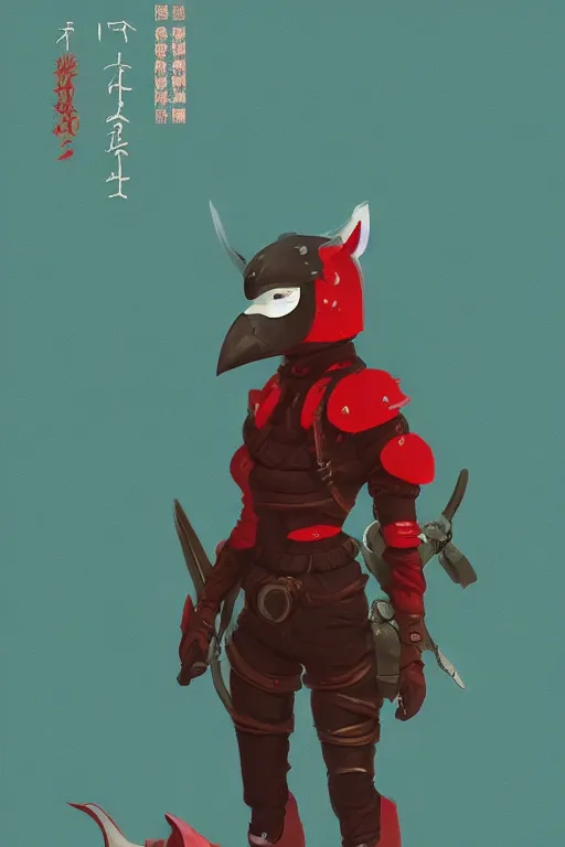 Image similar to female adventurer in tight full - body teal leather armor of japanese design with red accents and a white porcelain crow mask, trending in artstation, japanese, by simon stalenhag, establishing shot