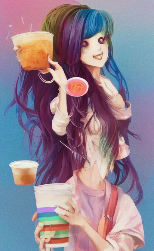 Image similar to a kawaii woman with rainbow hair, happy, summer time, holding boba tea drink, soft eyes and narrow chin, dainty figure, long hair straight down, kawaii shirt and jeans, basic white background, In style of by Jordan Grimmer and greg rutkowski, crisp lines and color