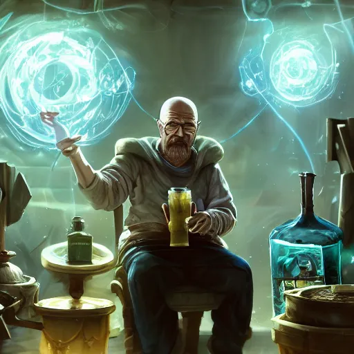 Image similar to portrait of walter white as an alchemist making potions, alchemy, league of legends amazing splashscreen artwork, dungeons and dragons, splash art, natural light, elegant, photorealistic facial features, intricate, fantasy, detailed face, atmospheric lighting, anamorphic lens flare, cinematic lighting, league of legends splash art, hd wallpaper, ultra high details by greg rutkowski