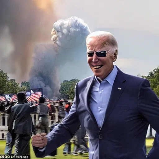 Prompt: detailed Joe Biden running away from a missile strike in the front yard of the White House, big explosion behind him, people running behind him out of focus, chaotic scene