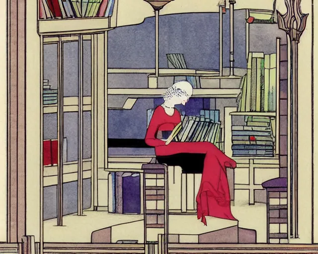 Image similar to cozy bookstore simple geometric watercolor painting george barbier