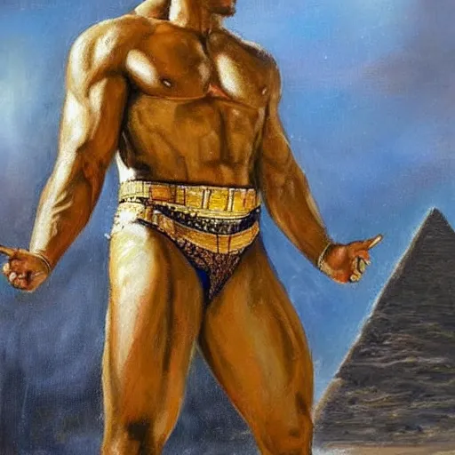 Prompt: The Rock Dwayne Johnson in Ancient Egypt wearing golden armor, guarding the pyramids, oil painting