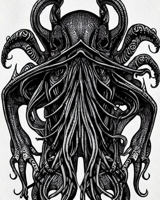 Image similar to cthulhu straitjacket!! black ink on paper, trending on artstation, beautiful, intricate, detailed