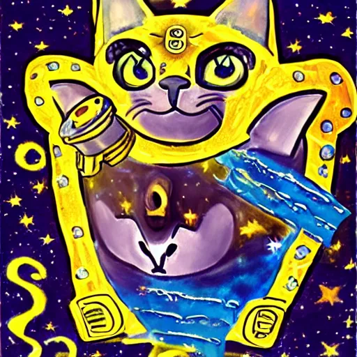 Prompt: a knight of golden cat in space