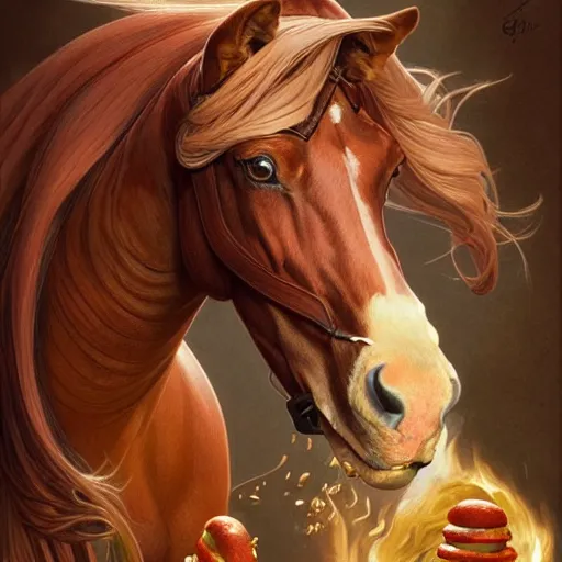 Image similar to portrait of a horse with hot dogs for legs, handsome, D&D, fantasy, intricate, elegant, highly detailed, digital painting, artstation, concept art, matte, sharp focus, illustration, art by Artgerm and Greg Rutkowski and Alphonse Mucha