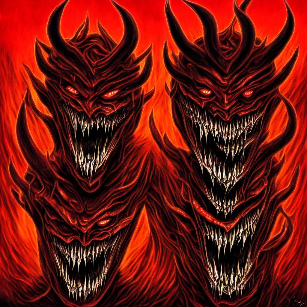 Prompt: A demon with an evil grin in the style of a Meshuggah album cover, digital painting