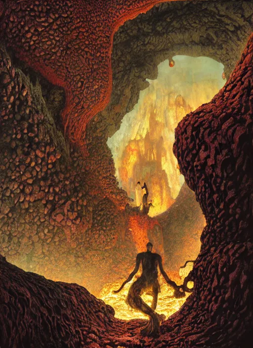 Image similar to monster in lava cave, by lawrence alma - tadema and zdzislaw beksinski and norman rockwell and jack kirby and tom lovell and greg staples, artstation creature art