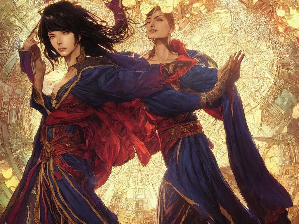 Image similar to anime key visual of one beautiful female doctor strange, marvel comics, spells, magic, intricate, inside magical temple stunning, highly detailed, digital painting, artstation, smooth, hard focus, illustration, art by artgerm and greg rutkowski and alphonse mucha