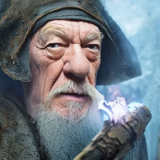 Image similar to the evil ian mckellen smithing on an anvil as gandalf in a dark viking hood playing odin all father crafting a neural network with golden synapses on an anvil with fire, highly detailed, cinematic shot, cinematic lighting, 8 k, exquisit facial detail