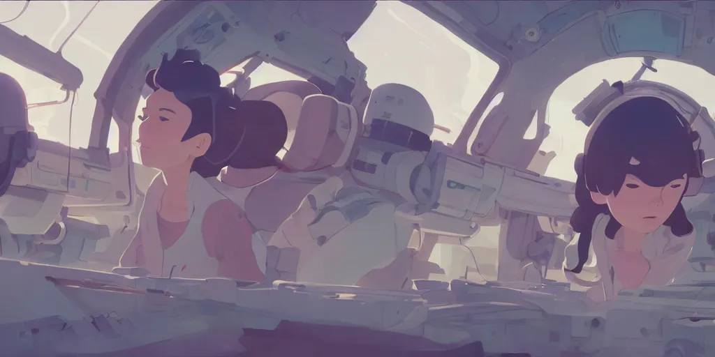 Prompt: young women, landing on the space station settlement, by cory loftis & akihiko yoshida & james gilleard & atey ghailan & makoto shinkai & goro fujita & studio ghibli, rim light, exquisite lighting, clear focus, very coherent, plain background, soft painting, photorealistic, unreal engine 5, 8 k