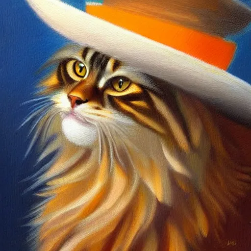 Image similar to Beatiful Oil painting of an orange Maine-coon with a white beard. wearing a wide-brimmed straw sombrero sombrero