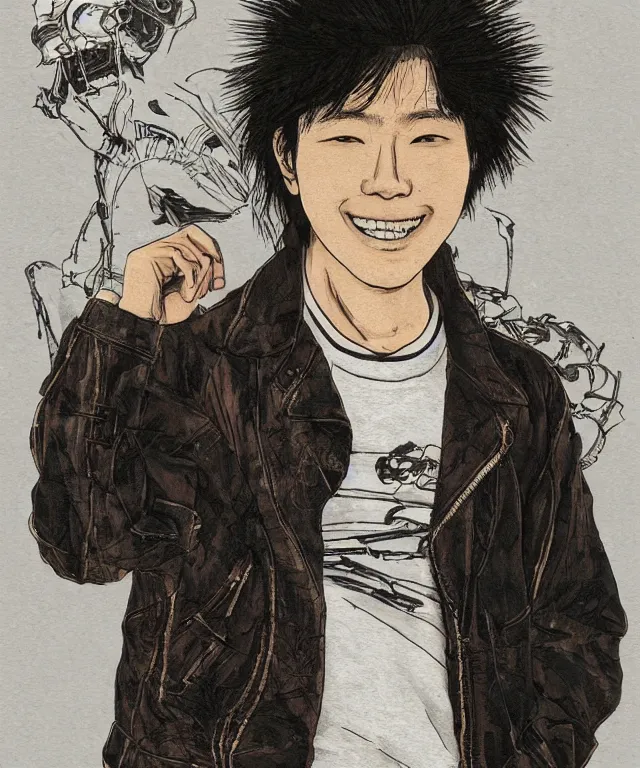 Prompt: a half / profile portrait of a happy teenage japanese man, his hair is messy and unkempt, he is wearing an embroidered leather jacket and carries a biker helmet, a masterpiece, an illustration by kim jung gi, otomo katsuhiro and terada katsuya, realistic proportions and masterful anatomy