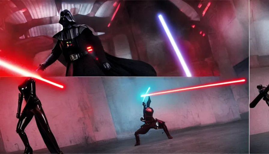 Prompt: cinematic shot of darth vader fighting harley quinn with a lightsaber, movie sequence from the original star wars