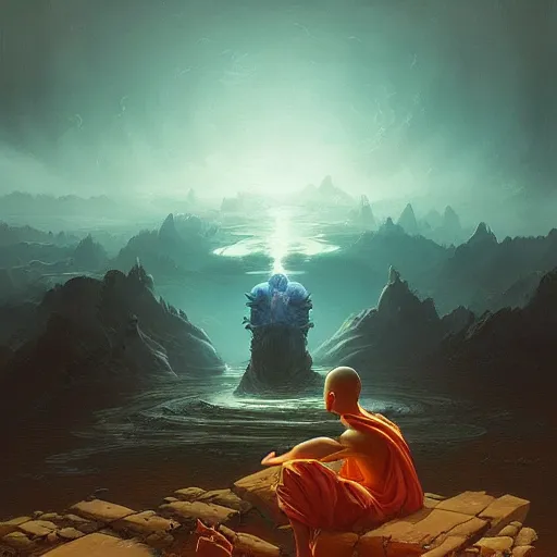 Image similar to in the style of peter mohrbacher, a glowing monk floating and meditating on a rock, dystopian landscape, intricate, masterpiece, award winning, fantasy, hyperrealism intricate