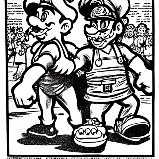 Prompt: King Bowser and Mario, black and white, drawn by Robert Crumb.