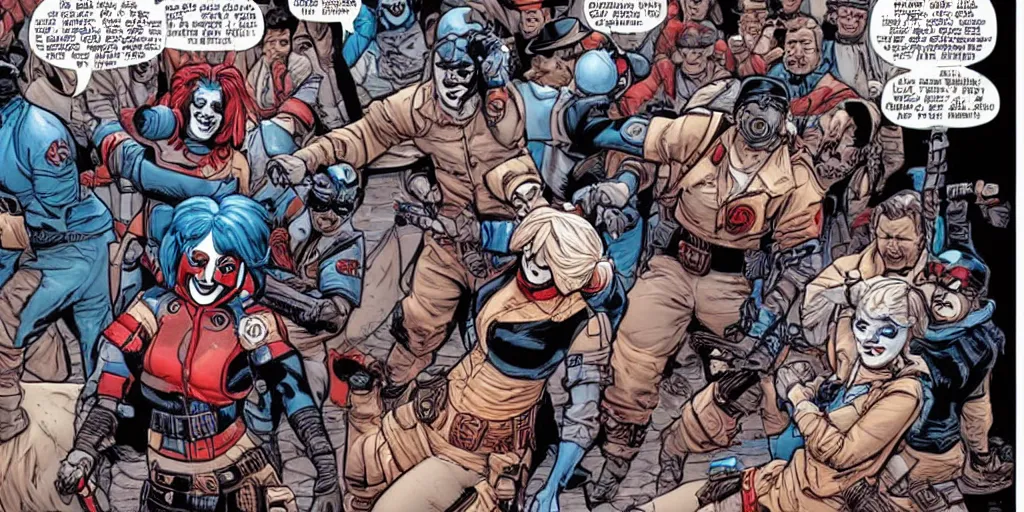 Image similar to Keystone cops fighting Harley Quinn. Epic painting by James Gurney and Laurie Greasley.