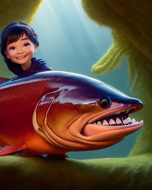 Image similar to disney pixar portrait 8 k photo of a king salmon : : by weta, greg rutkowski, wlop, ilya kuvshinov, rossdraws, artgerm, annie leibovitz, rave, unreal engine, alphonse mucha : :