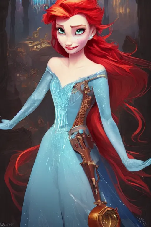 Image similar to elsa from frozen as steampunk, red hair, high fantasy, dnd, smooth, sharp focus, illustration, highly detailed, digital painting, artstation, concept art, by disney animation, rossdraws, alphonse mucha, frank fanzzeta, collectible card art