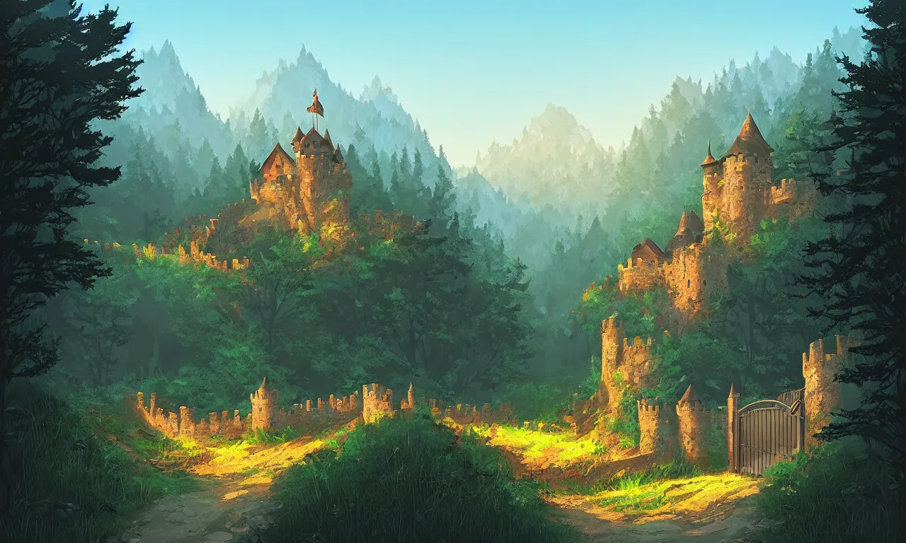 Prompt: digital painting of a small castle town closed off by large metal gate, border, behind a forest, large mountains in back, vector art, high detail, warm lighting, vivid, beautiful, trending on artstation, by Jordan grimmer, no focus, huge scene, grass