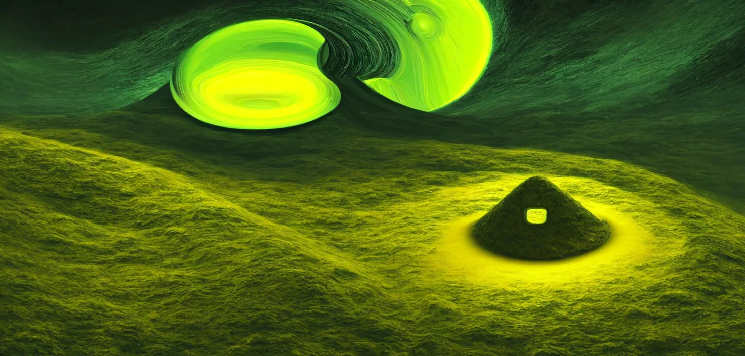 Image similar to a painting of a green and yellow swirl in the middle of a mountain, a computer rendering by mike winkelmann, shutterstock contest winner, nuclear art, tesseract, apocalypse art, concept art