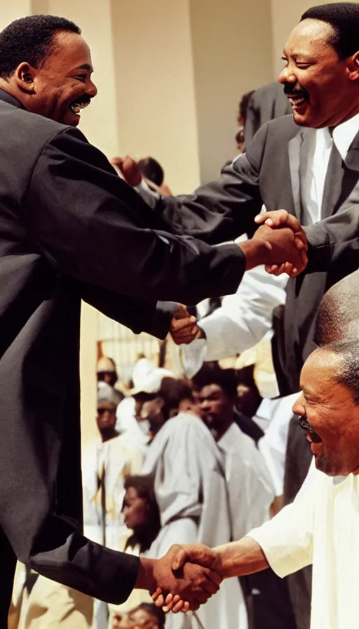 Image similar to black jesus shaking hands with martin luther king, photorealistic