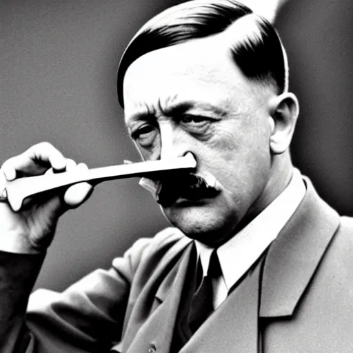 Prompt: Hitler shaves his mustache with a bayonet