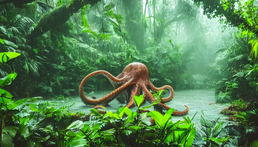 Image similar to a rainy foggy jungle, river with low hanging plants, there is a giant octopus in the water, great photography, ambient light