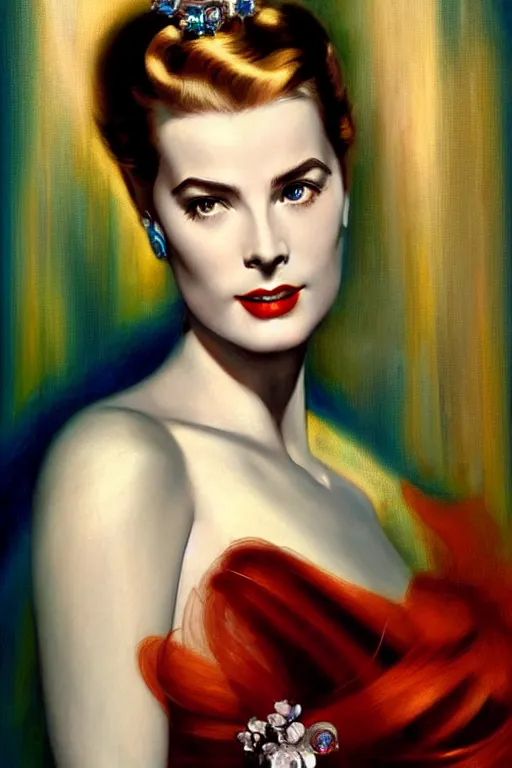 Image similar to beautiful evil cyborg grace kelly by steichen in the style of a modern tom bagshaw, alphonse muca, victor horta, gaston bussiere. anatomically correct. extremely lush detail. masterpiece. melancholic scene infected by night. perfect composition and lighting. sharp focus. high contrast lush surrealistic photorealism. sultry expression.