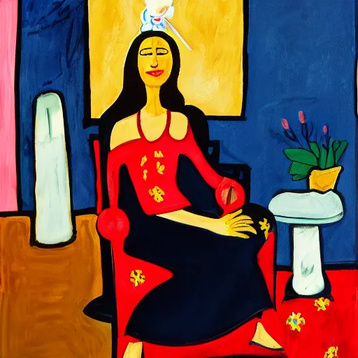 Image similar to painting, expressionist, of a single young girl, alone, with no one else around, sitting alone on her ornate throne, in a black and dark red dress, drinking coffee. she has long dark hair, blue eyes, two arms, two legs, one torso and one head.