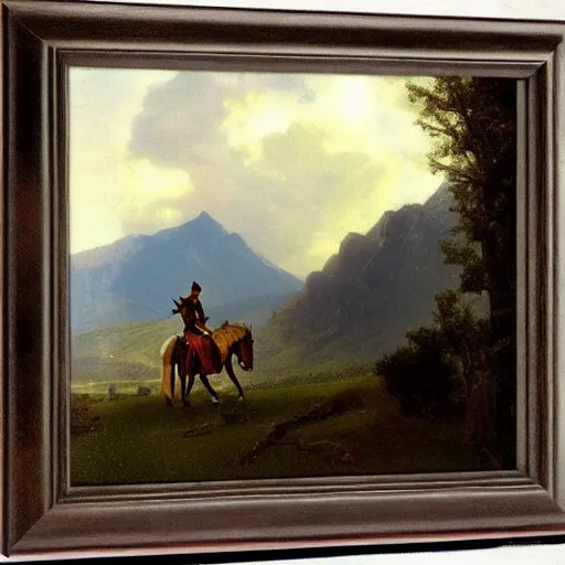 Image similar to female knight on horse, valley with mountains, by albert bierstadt