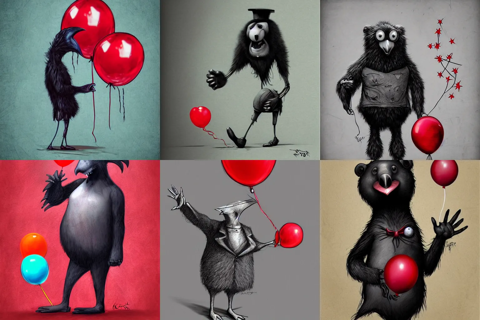 Prompt: surrealism grunge cartoon sketch of a raven bear with a wide smile holding a red balloon by - michael karcz, loony toons style, horror theme, detailed, elegant, intricate