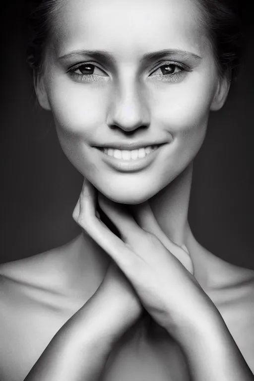 Prompt: photo portrait of a beautiful woman, head centered portrait, symetrical, various point of view, enigmatic natural beauty, little shy smile, lovingly looking at camera, head in focus, elegant, highly detailed, artistic, concept art, painterly, hasselblad photography, sharp focus, volumetric lights, art style by hans jokem bakker