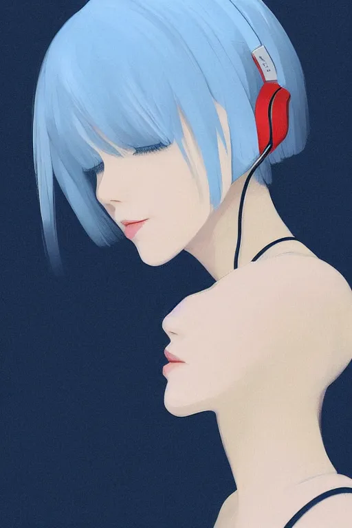 Prompt: a cute young woman with white bob cut hair listening to music and wearing headphones by Ilya Kuvshinov and Range Murata, eyes closed, blue filter, blue and white, soft lighting, atmospheric, cinematic atmosphere, moody, Krenz Cushart, digital painting, 8k