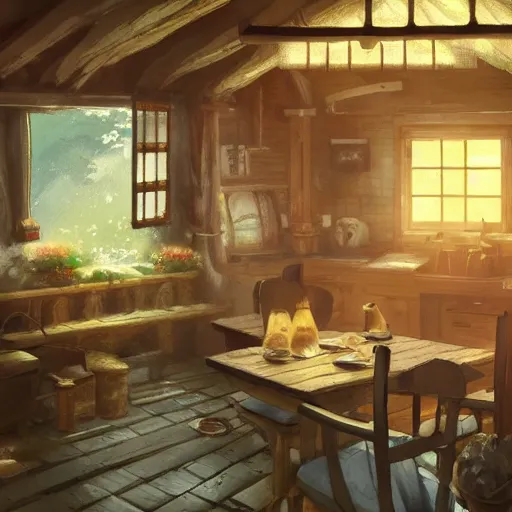 Prompt: concept art painting of interior of a cozy cottage with european and japanese design, realistic, detailed, cel shaded, in the style of makoto shinkai and greg rutkowski and james gurney