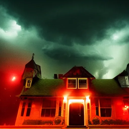 Image similar to a spooky monster house with glowing red eyes on a dimly lit street during a thunderstorm, cinematic, award winning horror photography