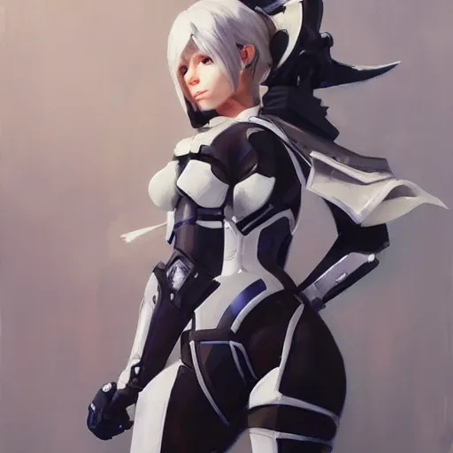 Image similar to greg manchess portrait painting of yorha type a no. 2 as overwatch character, medium shot, asymmetrical, profile picture, organic painting, sunny day, matte painting, bold shapes, hard edges, street art, trending on artstation, by huang guangjian and gil elvgren and sachin teng